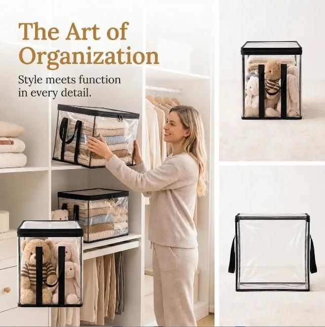 3 Pcs Large Clear PVC Book Storage Box – Foldable, Dustproof & Transparent Organizer with Handles for Home, Classroom & Office (38×24×32cm) — image 3