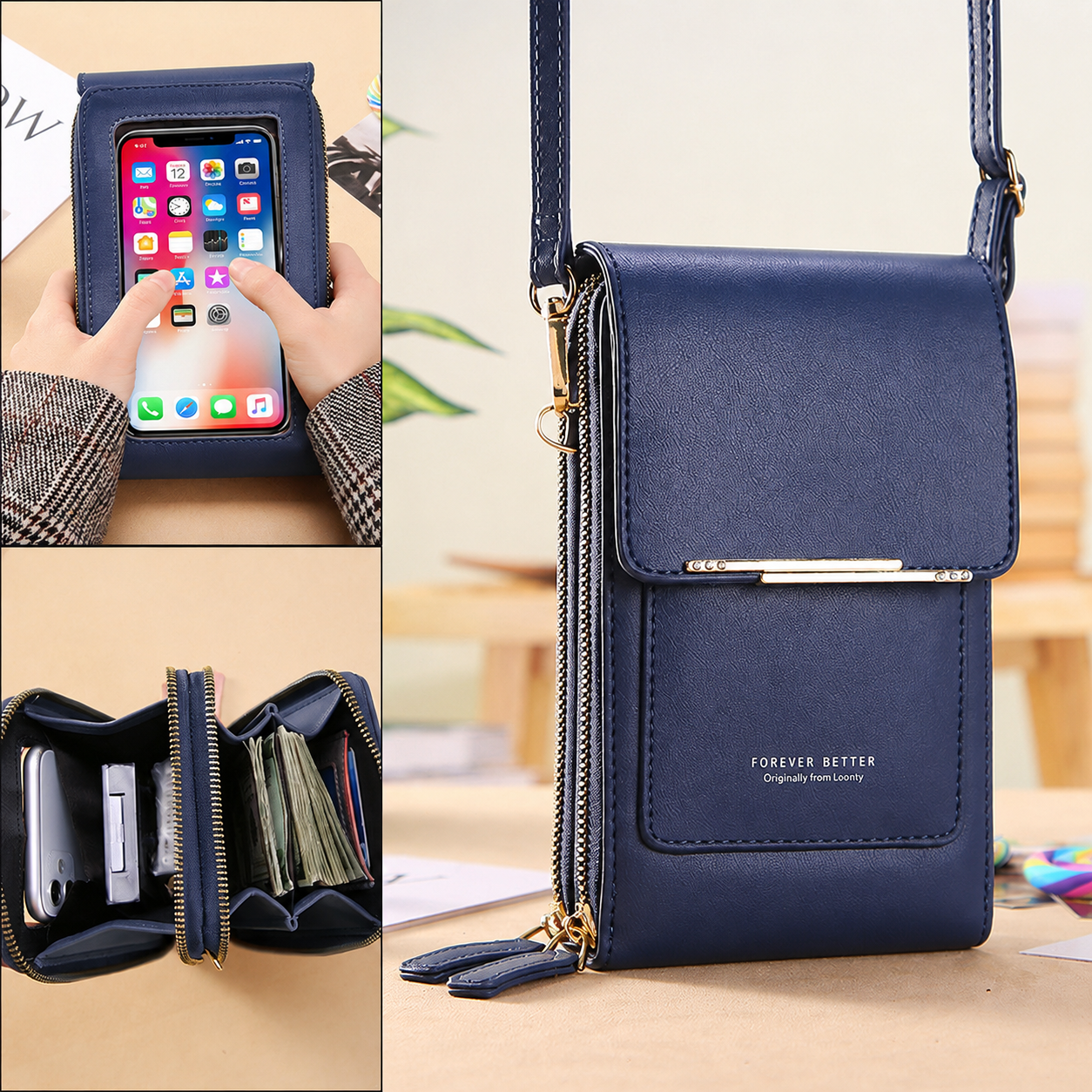 Blue Touch Screen Phone Wallet Crossbody Bag for Women Vertical PU Leather Purse with Card Holder Zipper Pocket Adjustable Strap for Travel Shopping โ image 4