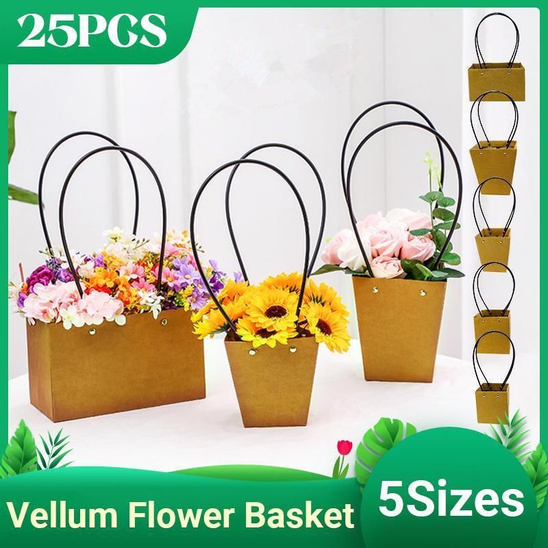 25x Kraft Paper Bag Flowers Waterproof Bouquet Basket Gift Box With Handle - 25PCS-Sq Big — image 2
