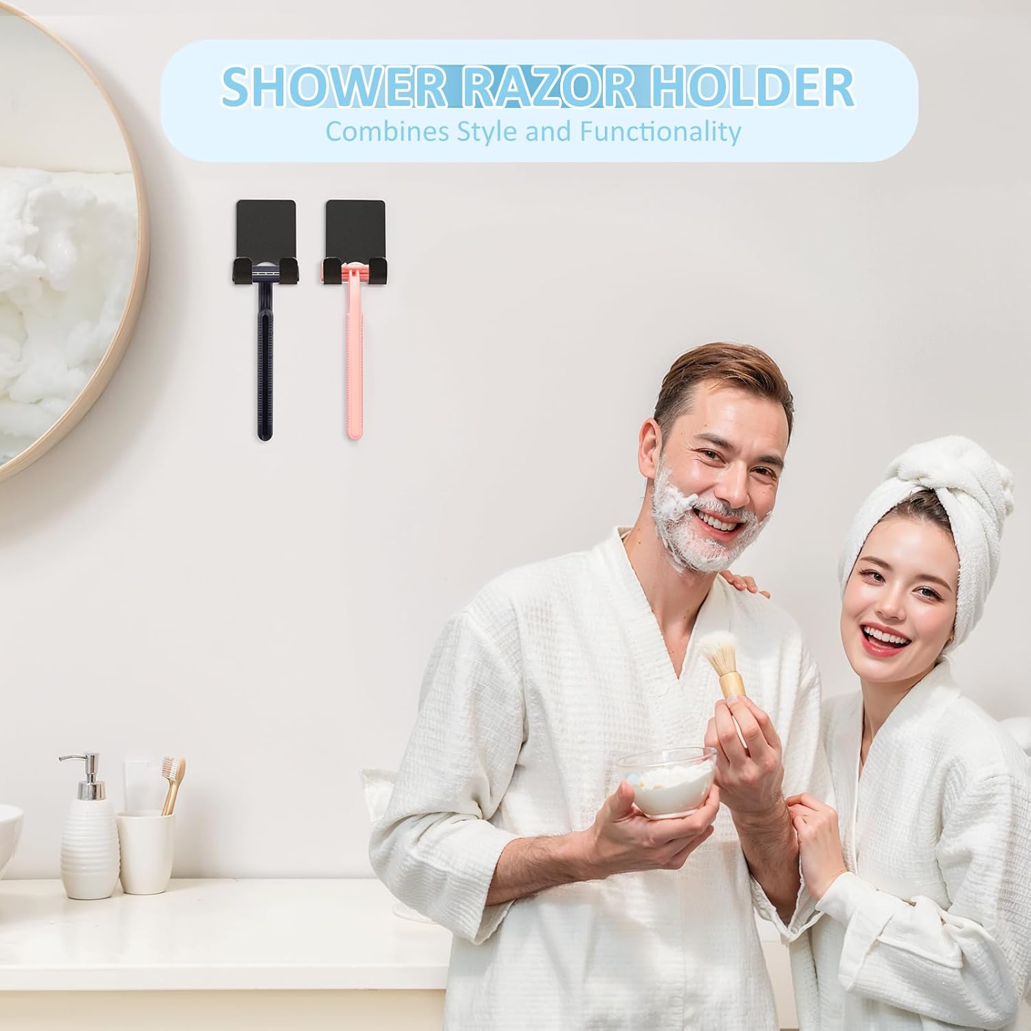 Shower Wall Razor Holder, Metal Adhesive Razor Hooks for His and Hers, Waterproof, Black, 2 Pcs โ image 2