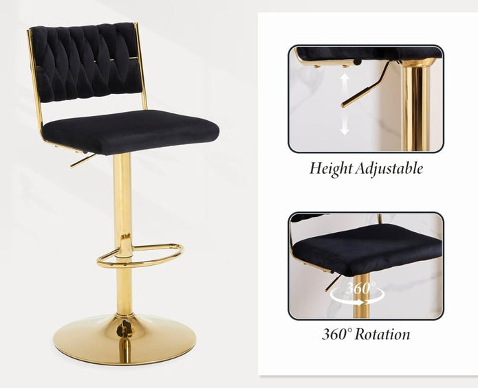 SERENITà 2x Velvet Bar Stools with Braided Back Elegant Kitchen High Chairs, Kitchen Island Stools Adjustable Height Swivel Bar Chairs with Gold Legs for — image 3
