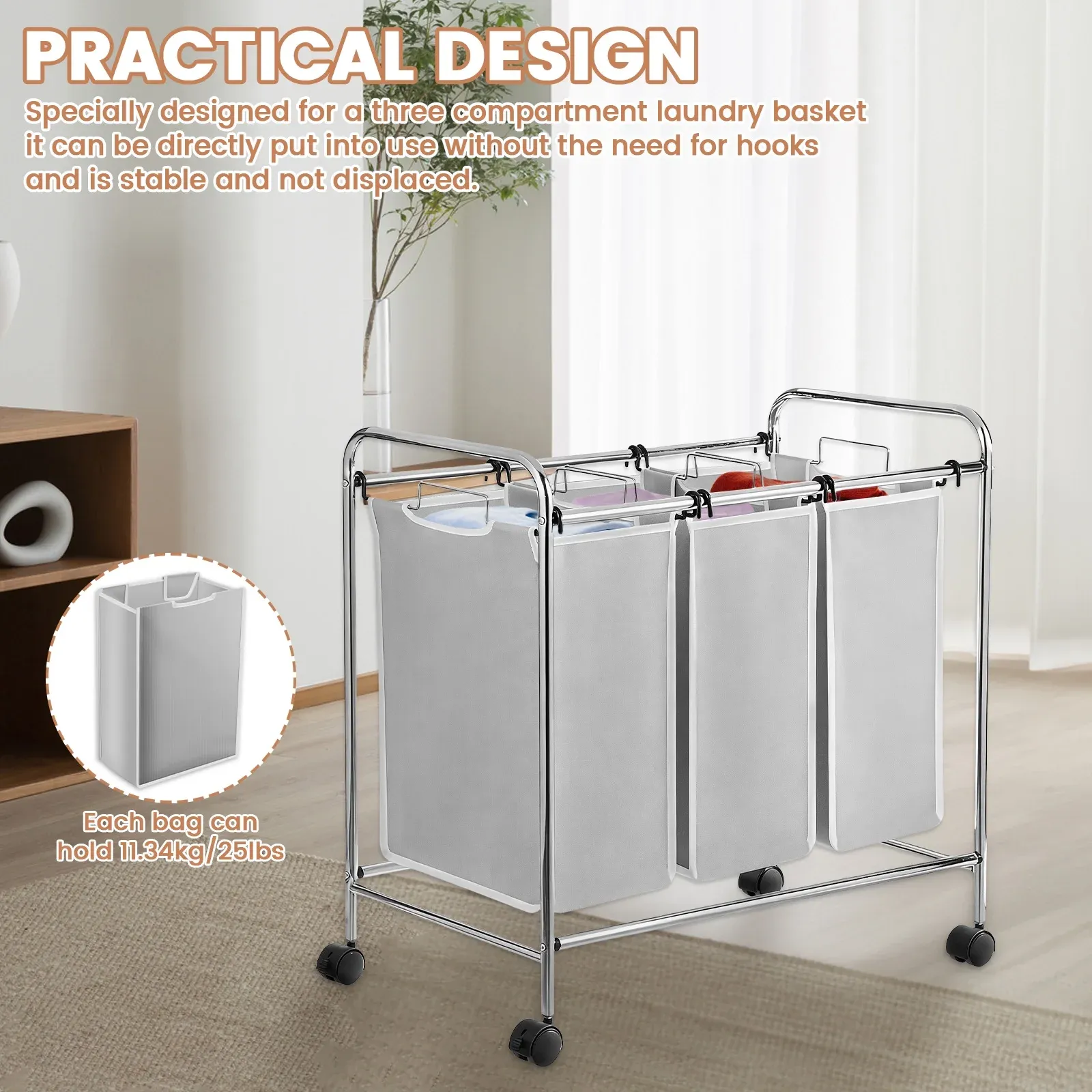 3 Pcs Laundry Sorter Cart Replacement Bags, Heavy Duty Oxford Hamper Liners for 3 Section Carts, Gray โ image 6