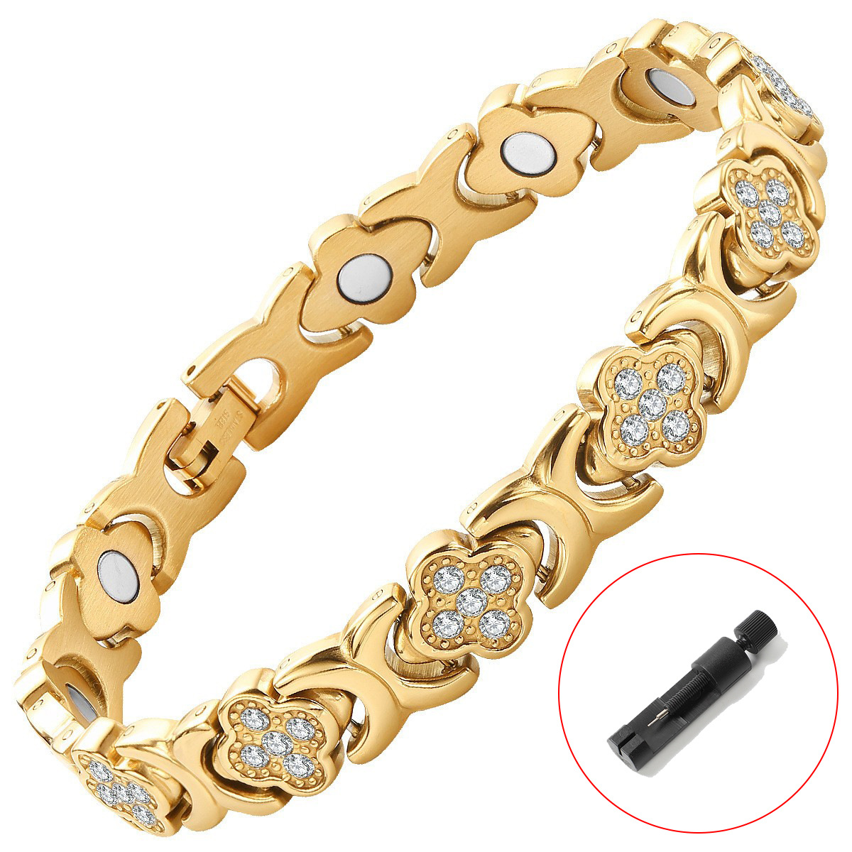 Rose gold New Fashion Lightweight Luxury Four-Leaf Clover Diamond Inlaid Bracelet - Alloy Magnetic Watch Band Style Bracelet for Women + Free Disassembly Tool โ image 4