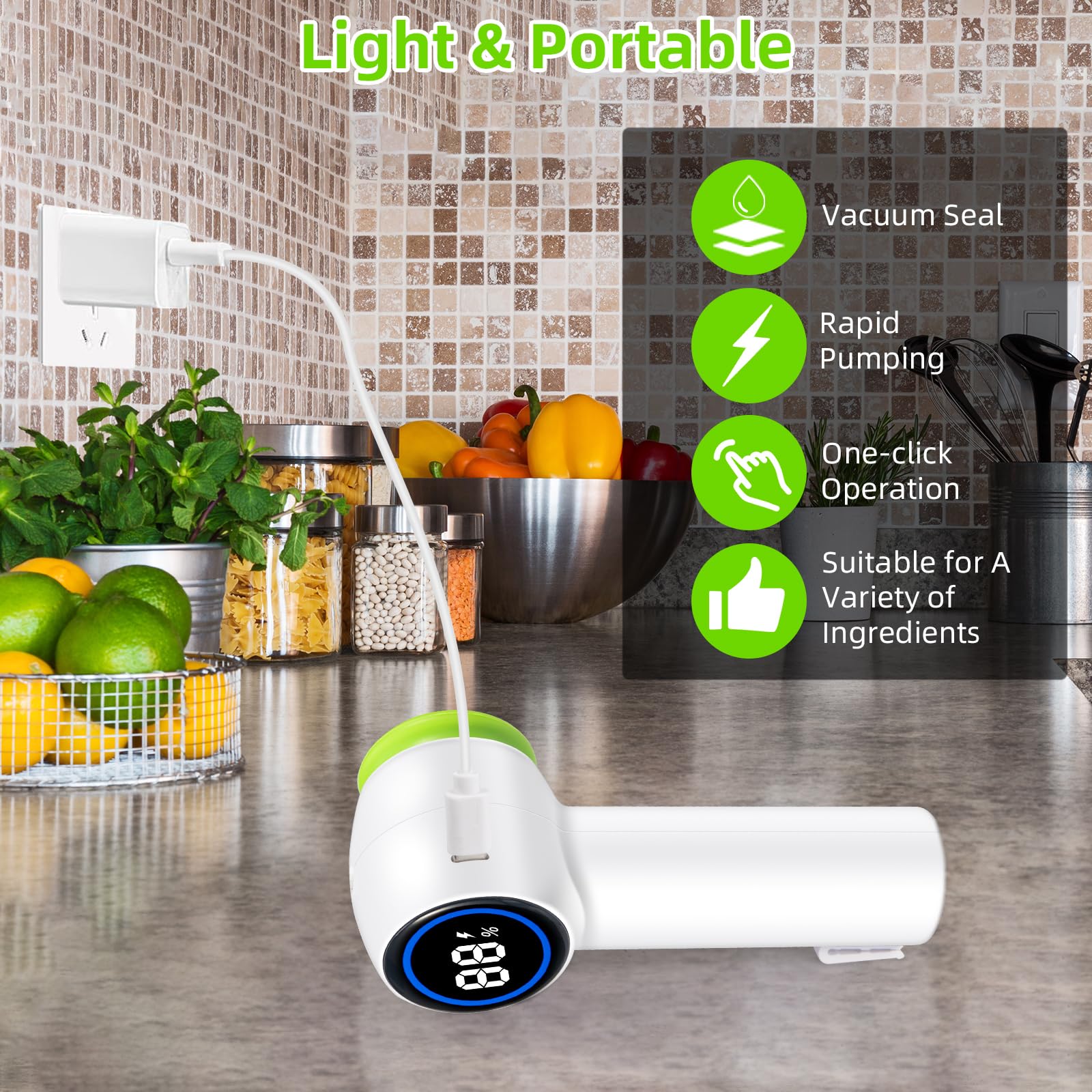 Green Electric Vacuum Sealer Kit – Portable Mason Jar & Bag Sealing Machine with Digital Display, USB Rechargeable, One-Touch Operation | Ideal for — image 2