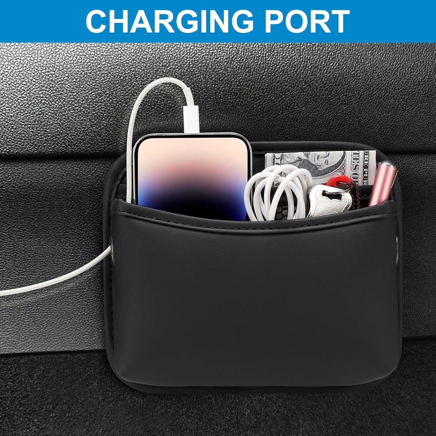 Car Seat Side Pocket Organizer, PU Leather Pouch Bag for Car Seat, Door, Window, Console, Registration Wallet Cards Trash Phone Sunglasses Holder Pocket for — image 4