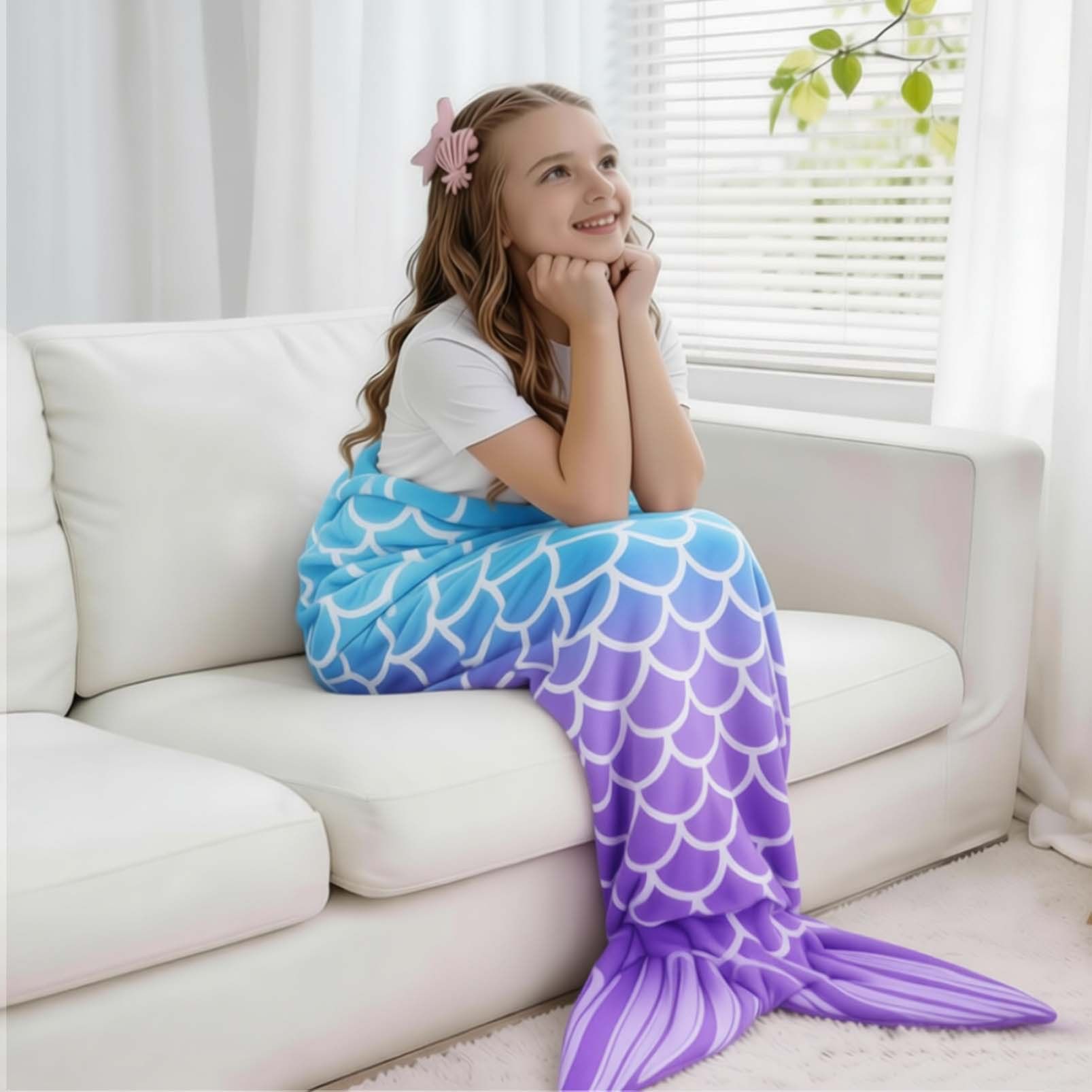 Mermaid Tail Blanket, Star Gradient Flannel Fleece, Soft and Warm, Essential for Lounging and Photo Taking at Home.(Light-blue purple)