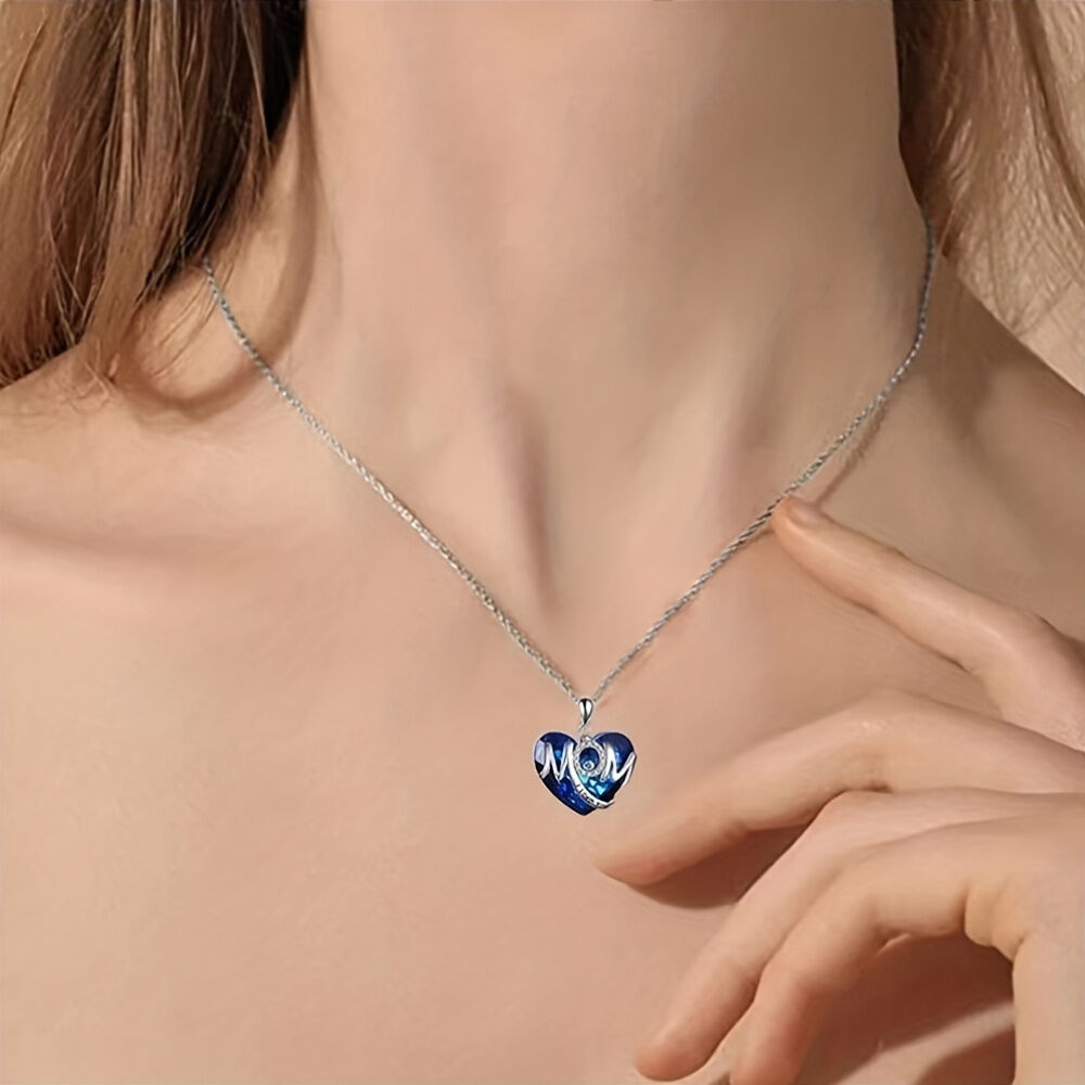 RED Exquisite Heart-shaped Blue Crystal "MOM" Pendant Necklace - Fashionable Women's Mother Necklace, Warm Family Love Jewelry, Romantic Mother's Day Gift — image 5