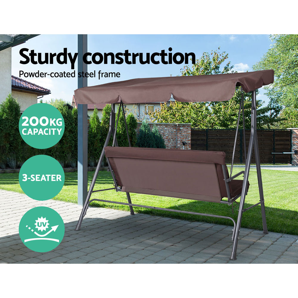 Gardeon Outdoor Swing Chair Garden Chair Bench Furniture Canopy 3 Seater Brown โ image 6