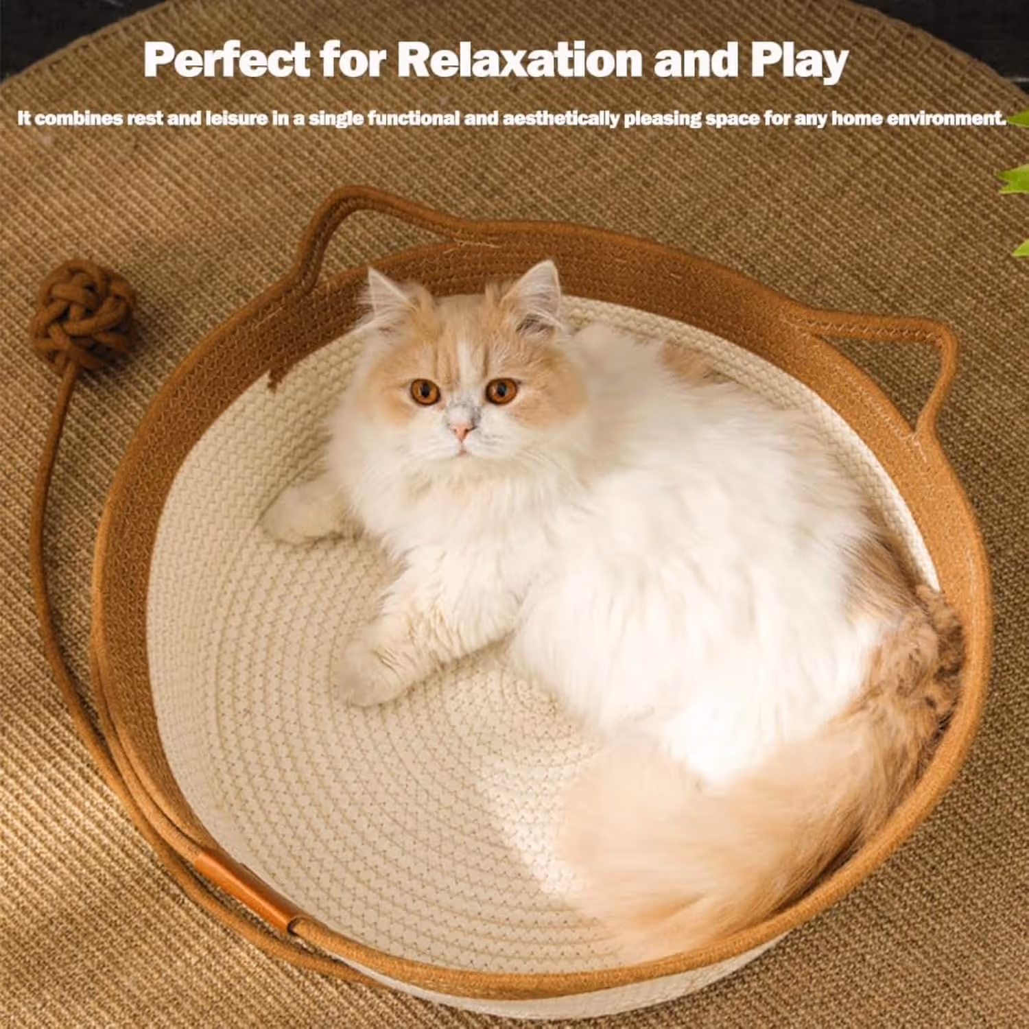 Cat Bed Rope Cotton, Cotton Rope Woven Round Cat Beds Basket with Built-in Teasing Ball, Handwoven Foldable Scratchable for Small & Large pet Brown(L) — image 3