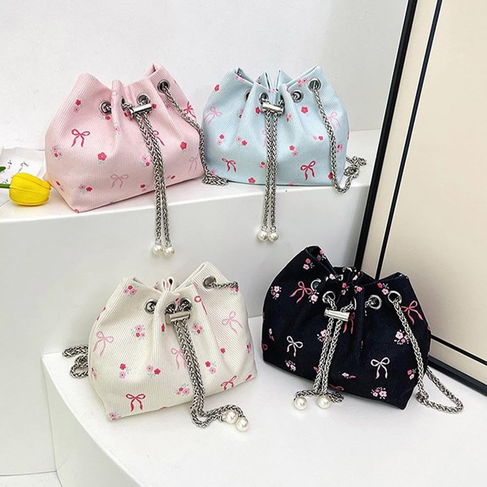 Drawstring Crossbody Bag for Women,Flower Chain Drawstring Mini Bucket Handbags — image 5