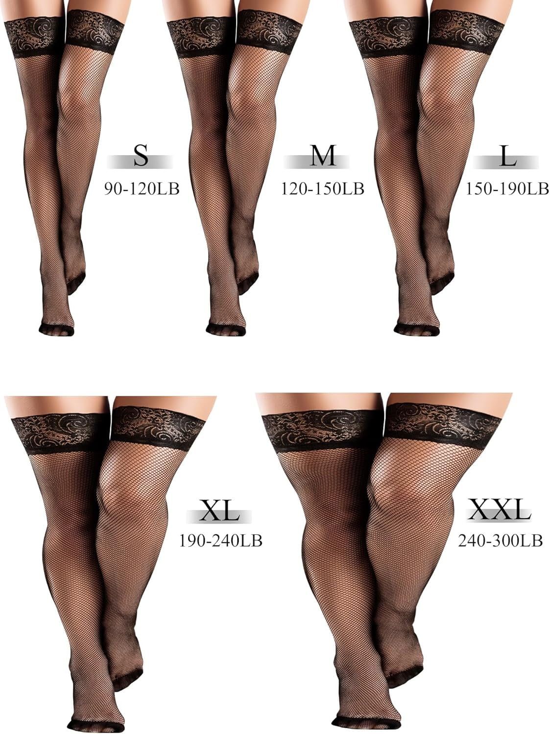 4 Pairs Women's Thigh High Stockings, Fishnet Sheer Lace Silicone Top Over Knee Socks — image 4