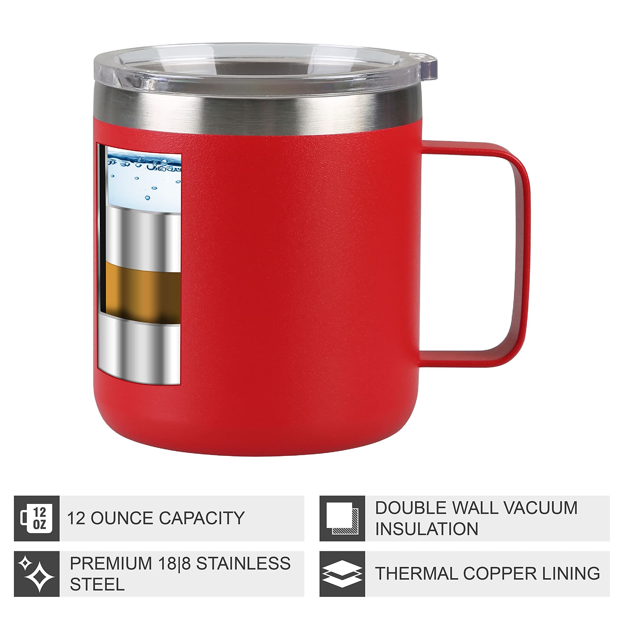 12 oz Insulated Stainless Steel Coffee Mug, Vacuum Insulated Double Wall Travel Cup with Lid and Handle, Red — image 3