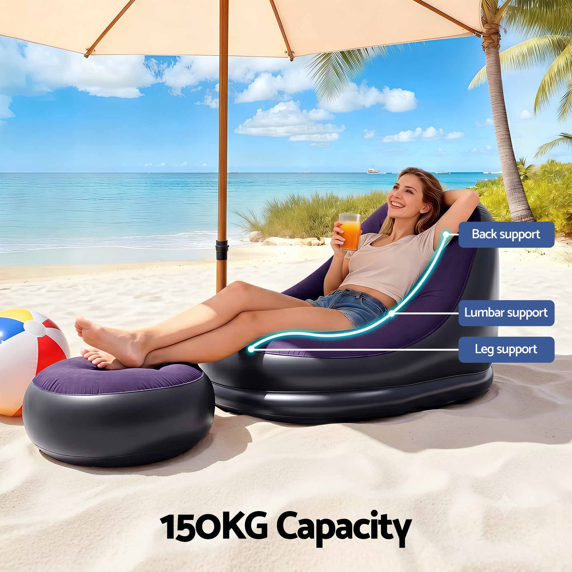 Gardeon Inflatable Chair with Ottoman Air Sofa Blow Up Air Chair for Camping with Pump Purple โ image 6