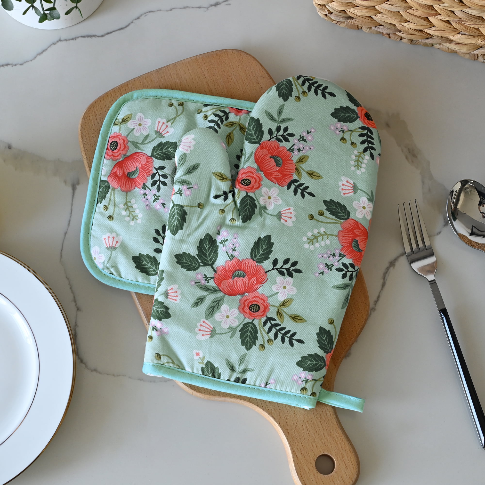 4 Pack Oven Mitts and Pot Holders Set, Heat Resistant Fabric Bake Pot Holders Gloves, Yellow Floral — image 3