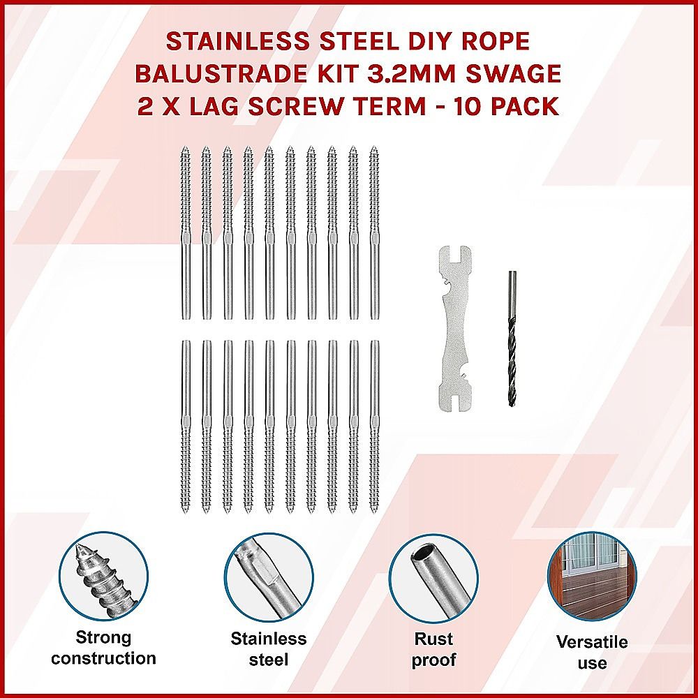 Stainless Steel DIY Rope Balustrade Kit 3.2mm Swage 2 x Lag Screw Term - 10 pack โ image 3