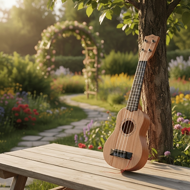 Wood color 17-inch Playable Ukulele Mini Guitar, lightweight and portable. Features comfortable nylon strings, includes a pick, and has open-style tuning pegs