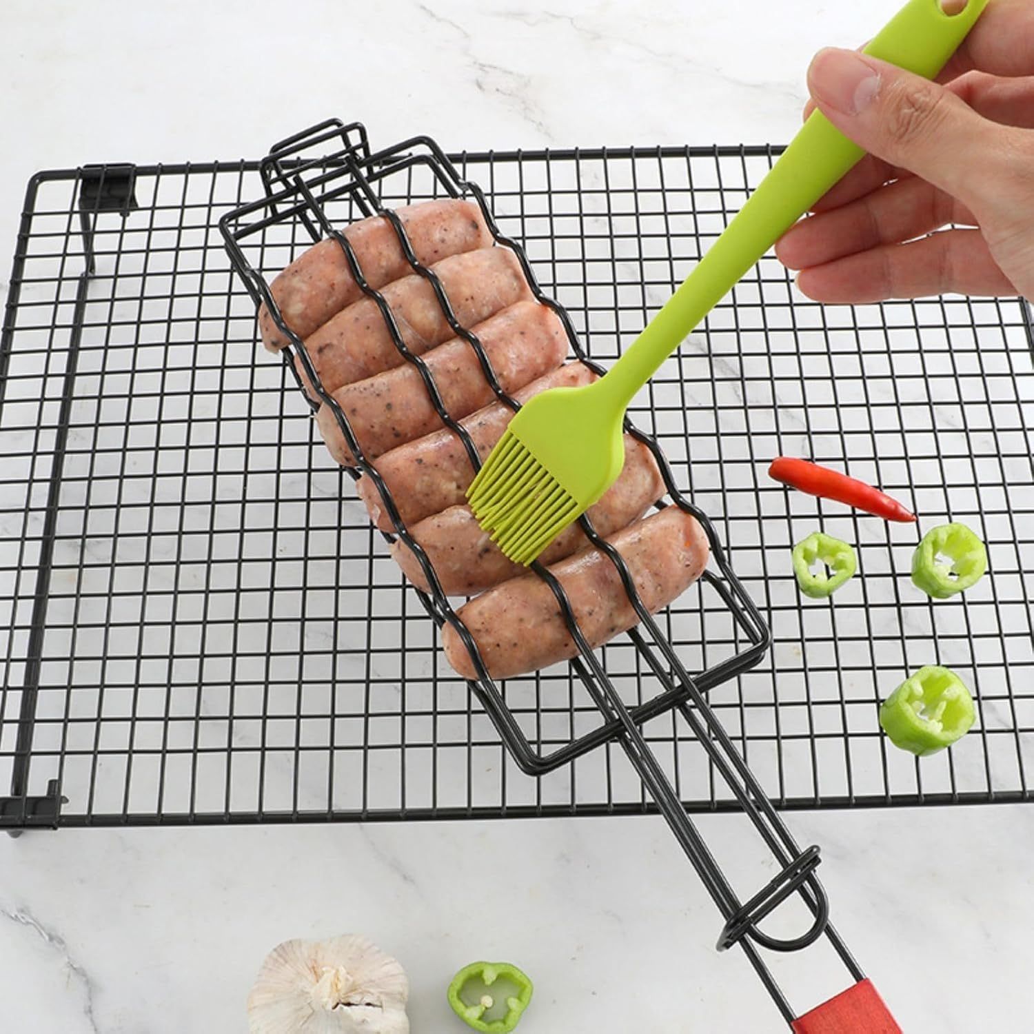Hot Dog Holders for Grilling,6 Hotdog BBQ Basket Stainless Steel Barbecue Mesh Clip, Removable Heat-Resistant Wooden Handle for Sausages, Steak, Vegetables โ image 6