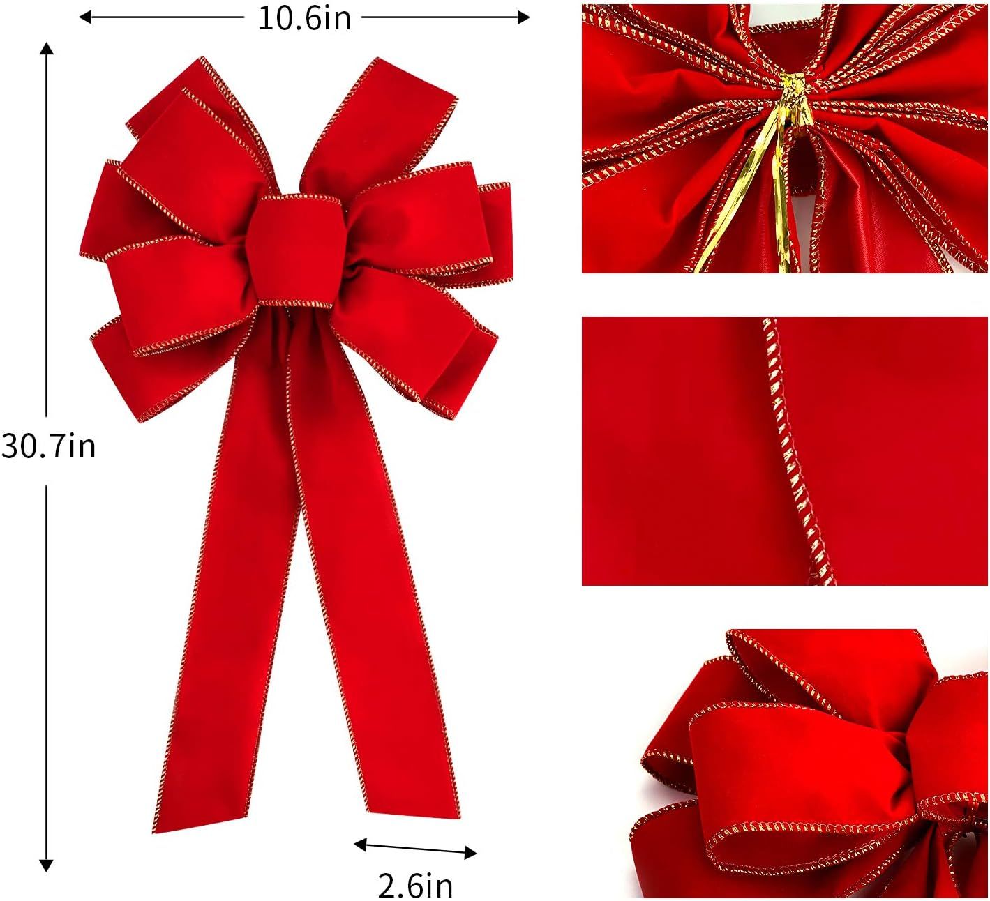 6 PCS Large Christmas Bow - 30.7" x 10.6" Christmas Valentine's Day Golden Edged Red Velvet Wreath Bow Christmas Tree Topper Ornament Bow for Christmas Home — image 2