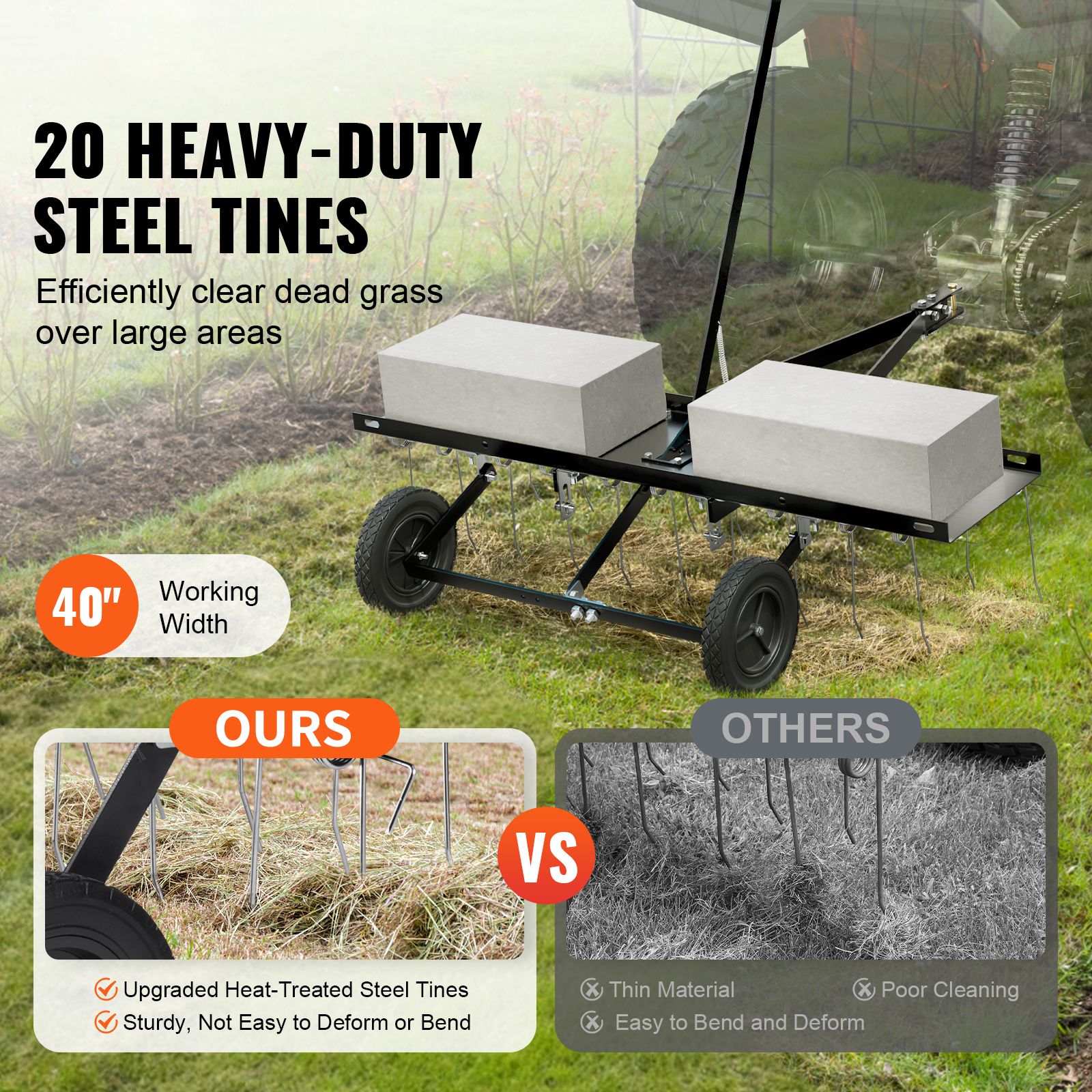 Tow Behind Dethatcher, 1015mm Tow Dethatcher with 20 Spring Steel Tines, Lawn Dethatcher Rake for ATV or Mower, Tow Behind Lawn Rake with Lift Handle for — image 2