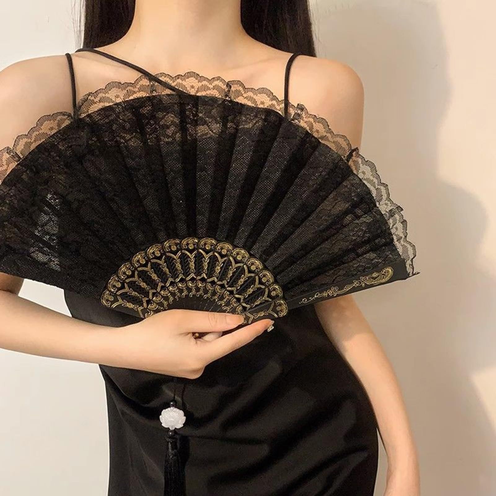 Vintage Lace Folding Fan with Tassel Handheld Chinese Vintage Style Hand Held Fan Dance Performance Photo Props Party Black โ image 2