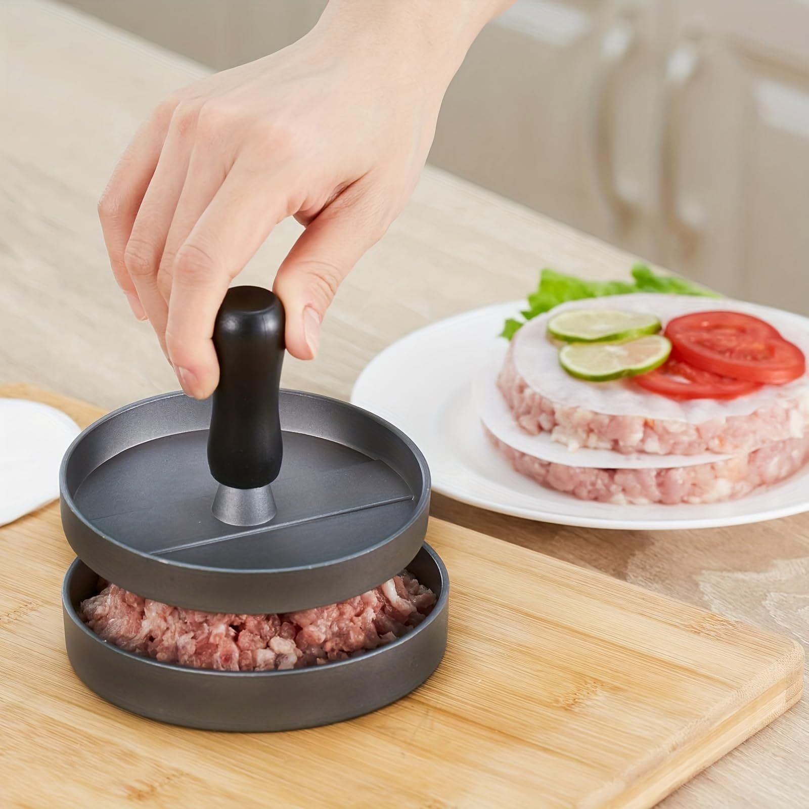Hamburger Press Patty Maker, Stuffed Burger Press with 100 Pcs Wax Hamburger Patty Paper, Non Stick BBQ Grill Accessories — image 4