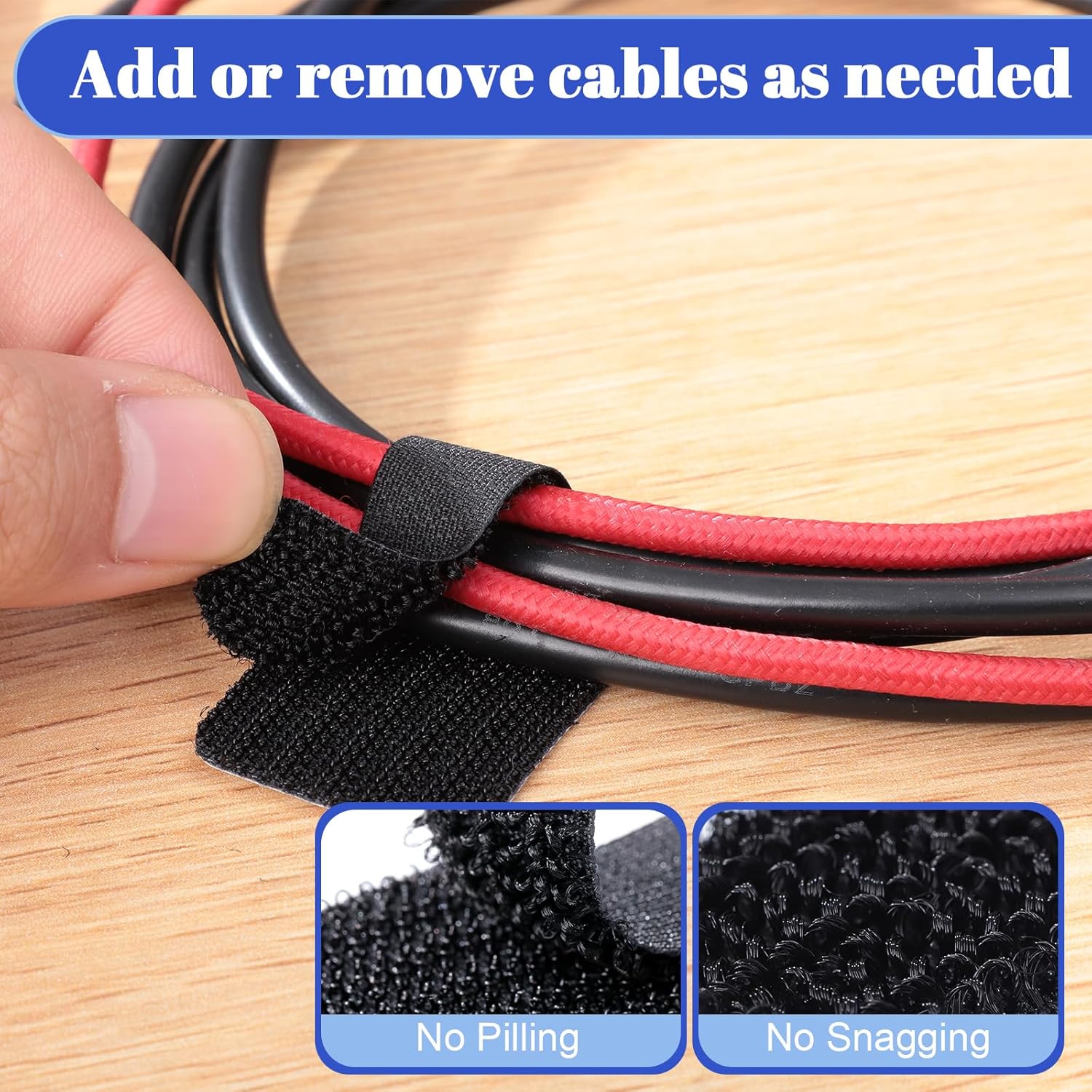100 Pcs Hook and Loop Cable Ties, Self Adhesive Cable Management Desktop Cable Straps, Adjustable Cord Organizer for Desk Home Office Organization (Black) — image 6