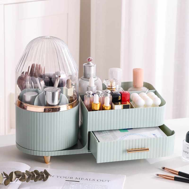 Cream Color Rotating Makeup Organizer Box - Multi-Compartment Cosmetic Storage with Dustproof Cover โ image 4