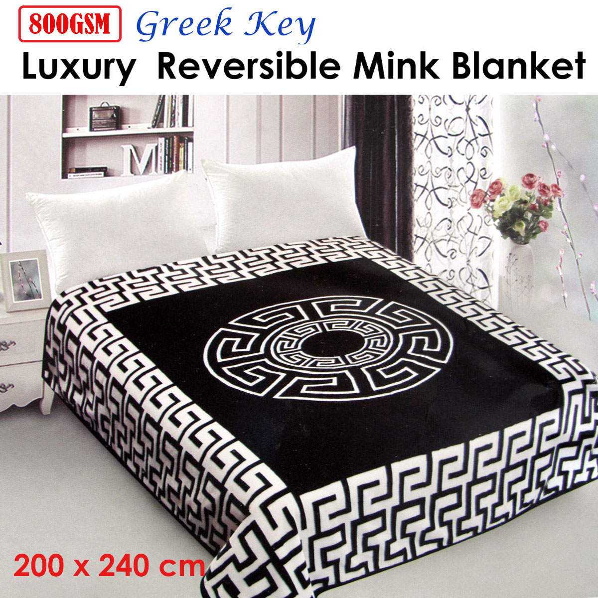 800GSM Luxury Reversible Mink Blanket Greek Key Black Queen 200 x 240 cm โ image 2