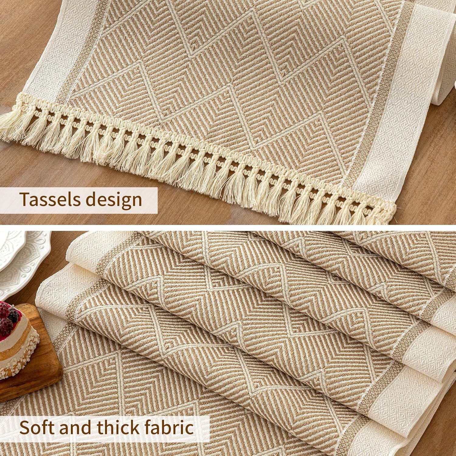 Linen-Like Farmhouse Rustic Polyester Table Runner Tassel Edges for Kitchen, Dining Table, Coffee Table, Holiday Parties, Party Decor(khaki 35*180cm) — image 3