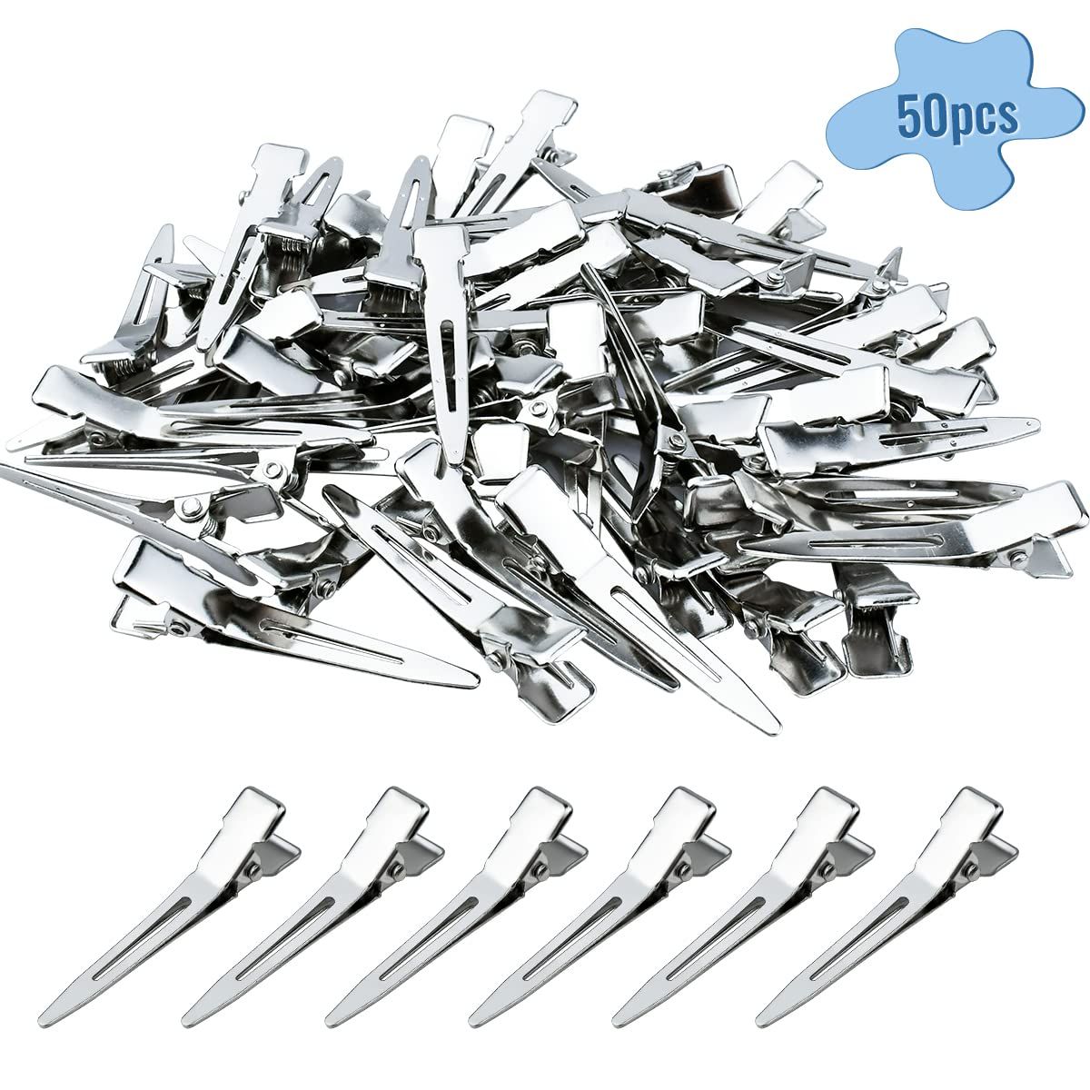 50 Pack Metal Duckbill Hair Clips, Single Prong Sectioning Clips for Hair Styling, Colouring, Extensions, Bows and Salon Use, Silver, 4.5 cm — image 3