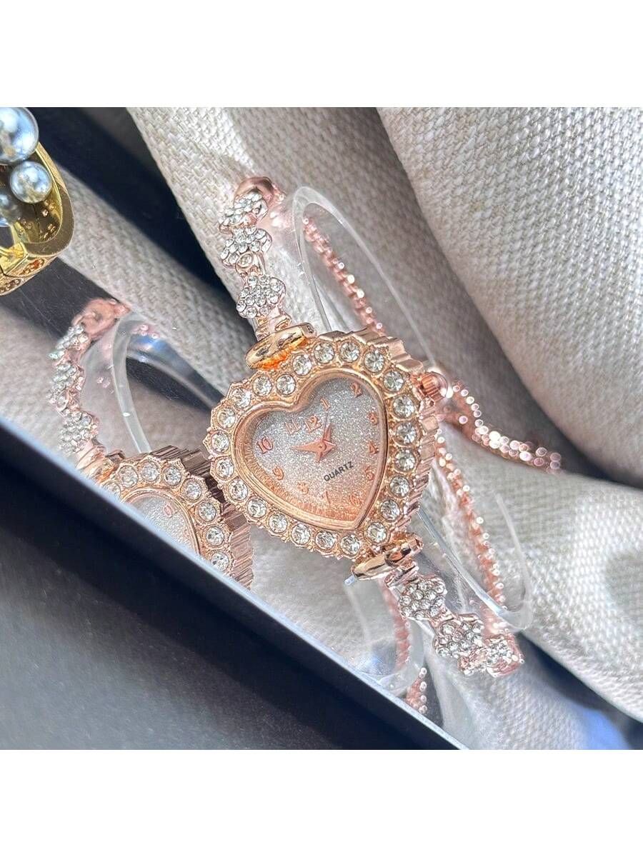 1pc Women Metal Chain Bracelet Watch Fashionable Heart Shaped Case Arabic Scale Dial Drawstring Adjustable Size Daily Decoration Ideal Valentine s Day Gift — image 2