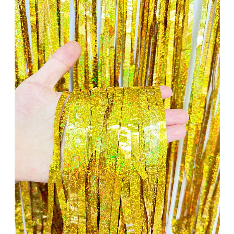 5-piece Golden Laser Tinsel Foil Fringe Curtain - 1*1m Metallic Party Streamer Backdrop for Birthday, Wedding, Christmas, New Year & Event Decoration