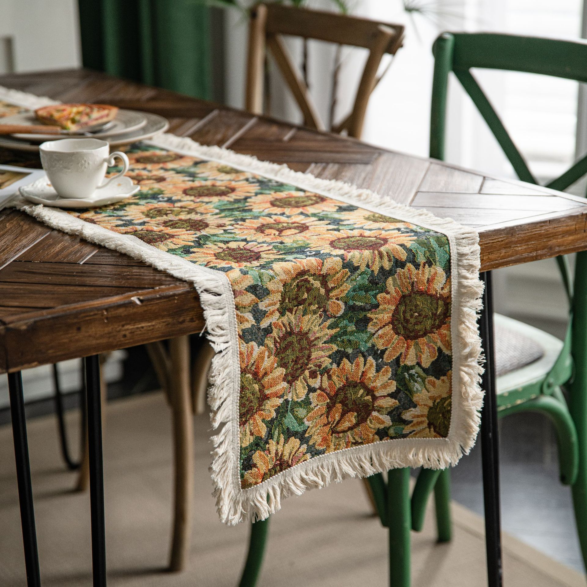2 PCS Sunflower Table Runner with Fringe - Jacquard Woven Cotton Blend (30 × 120cm)
