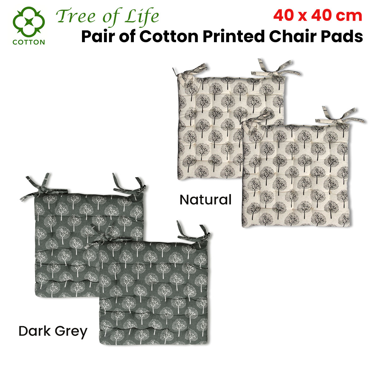 Lylac Homewares Tree of Life Set of 2 Cotton Chair Pads Dark Grey โ image 2