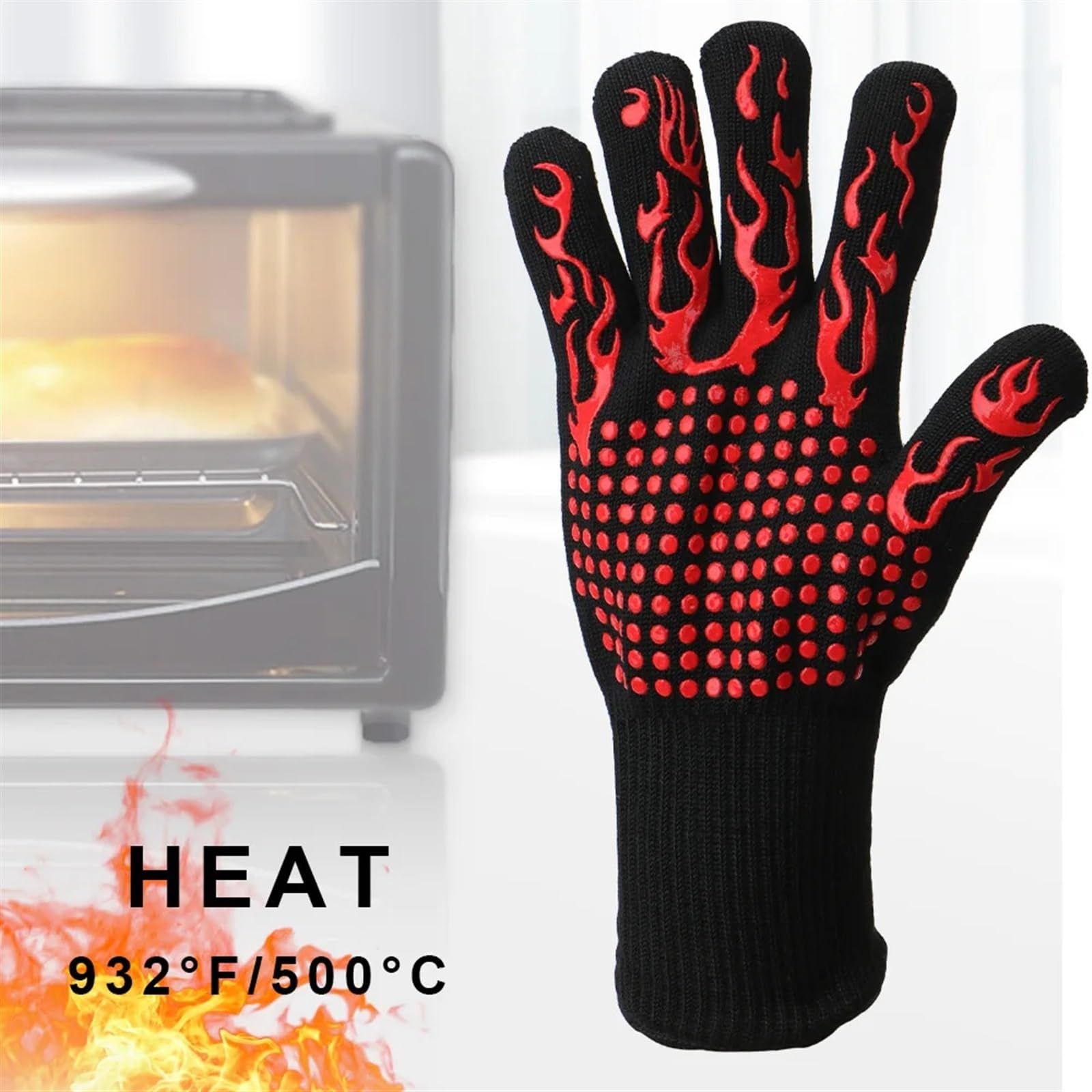 Non-Slip Fireproof Microwave Oven Extreme Heat Resistant Oven Flame Retardant BBQ Fire Gloves (Color: Red) โ image 2