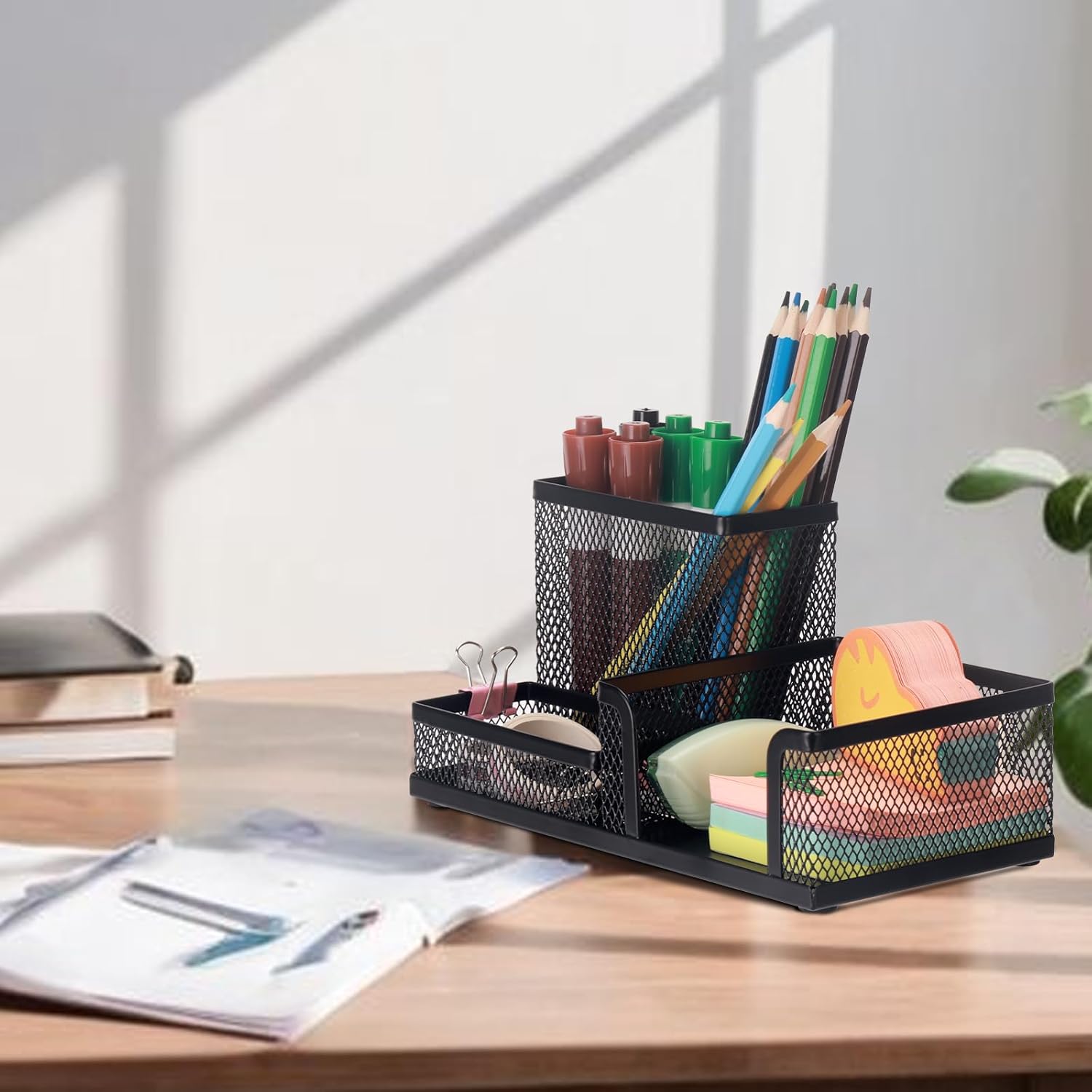 Black 3 Compartment Metal Mesh Pen Holder Desk Organizer for Office and Home Work - 1 Piece — image 6