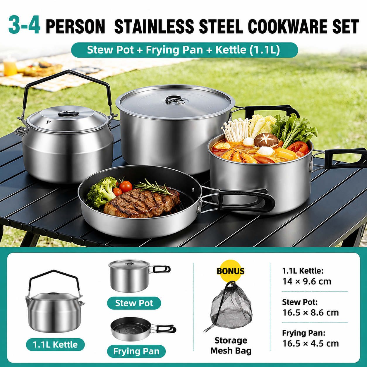 3-Piece Food Grade Stainless Steel Camping Cookware Set with 1.1L Kettle, Medium Stew Pot and Medium Frying Pan - Hangable and Foldable, Compact Nesting