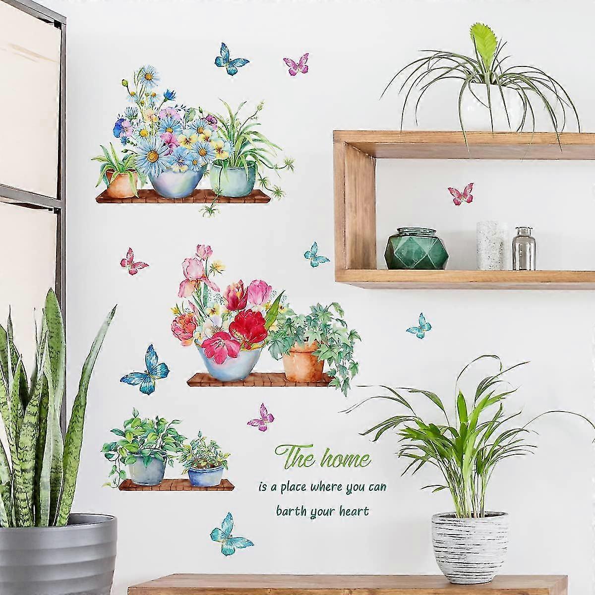 Green Potted Plants Wall Stickers Butterfly Flower Plant Wall Sticker For Kitchen Living Room Decoration — image 2