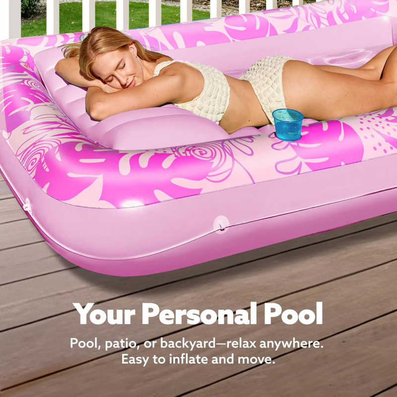 Green Deluxe Inflatable Suntan Tub & Floating Pool Lounger with Dual Integrated Cup Holders and Pillow - Portable Sunbathing Pool for Lawn & Water — image 4
