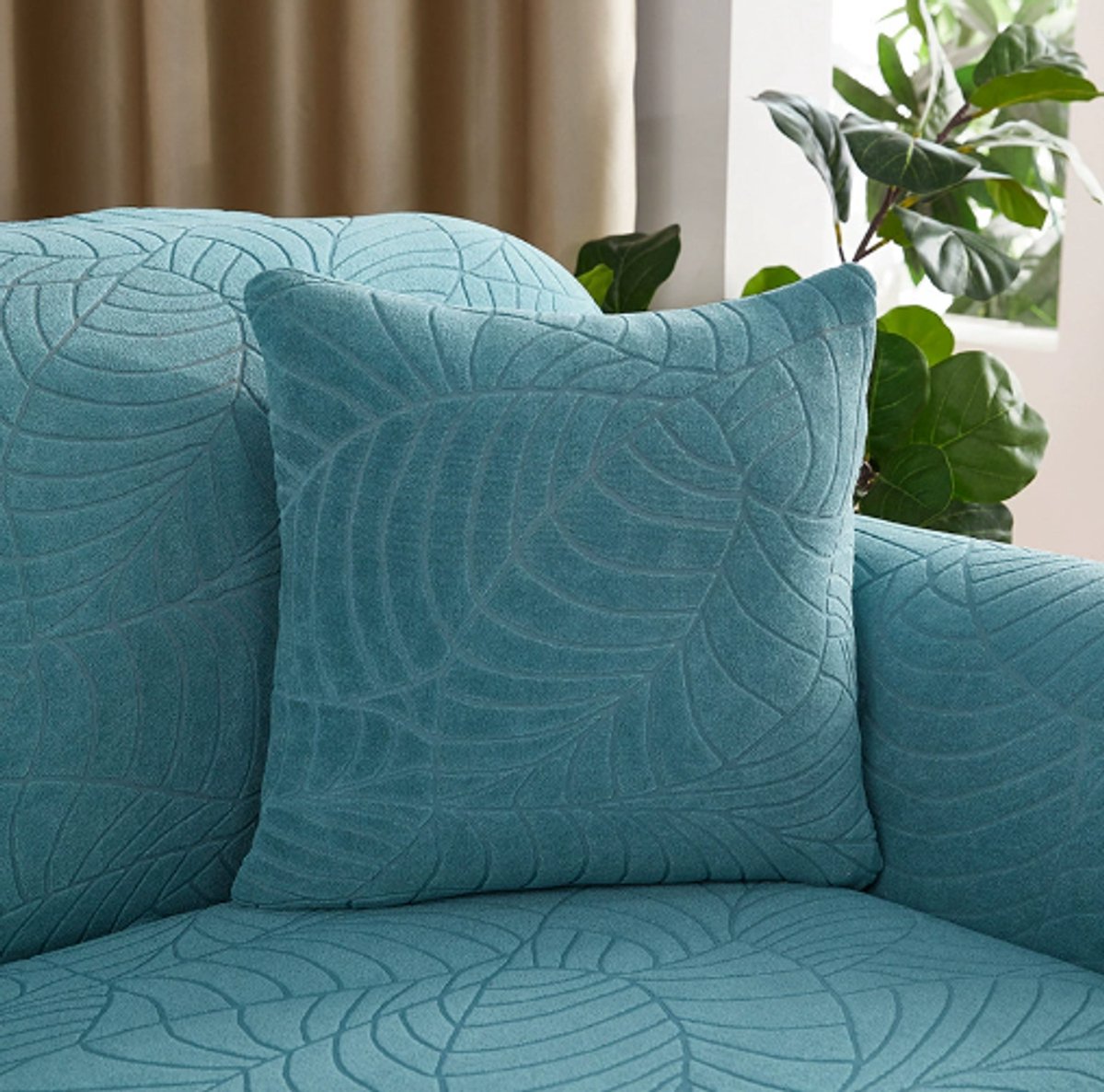 Waterproof cushion cover 45 × 45 - Set of 2 cushion covers - Bright blue jacquard leaf pattern
