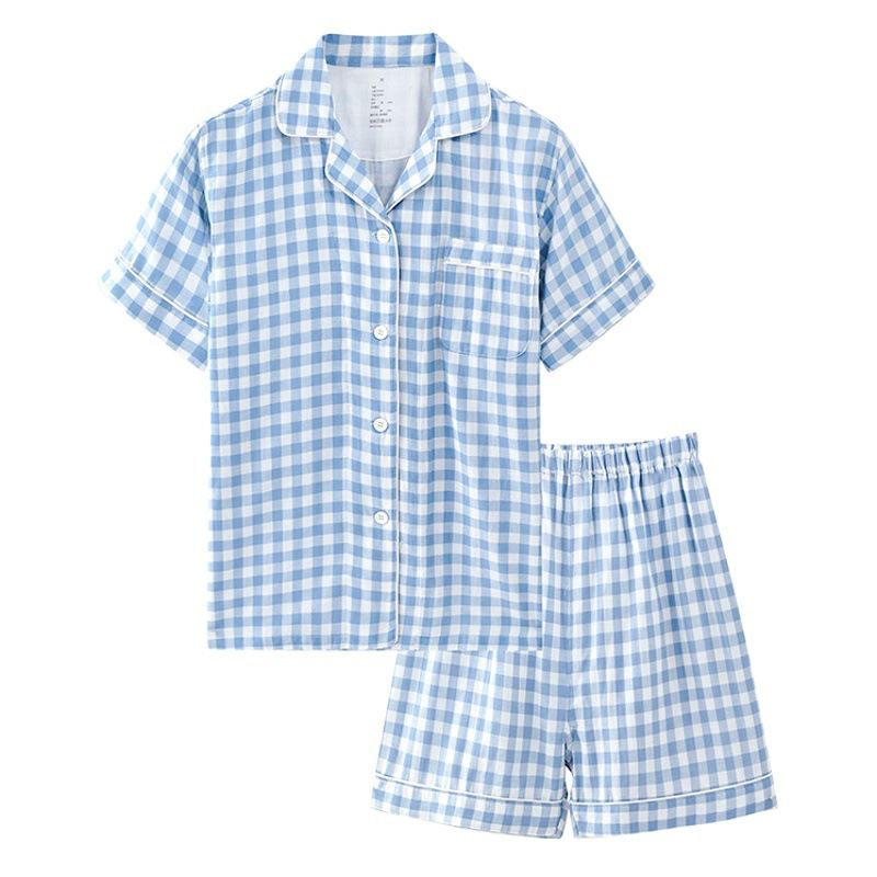 Japanese Cotton Pajama Suit Women Men Short Sleeve Women's Sky Blue-Short Sleeve Shorts XL โ image 2