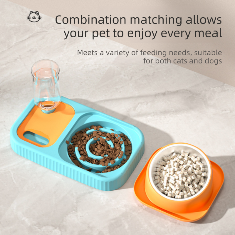 2 pcs Grey and White Cat Feeding Station with Water Dispenser & Slow Feeder Bowl Plus Cat Scratching Mat Set Brown 40x60cm Pet Dining and Furniture Protection — image 3