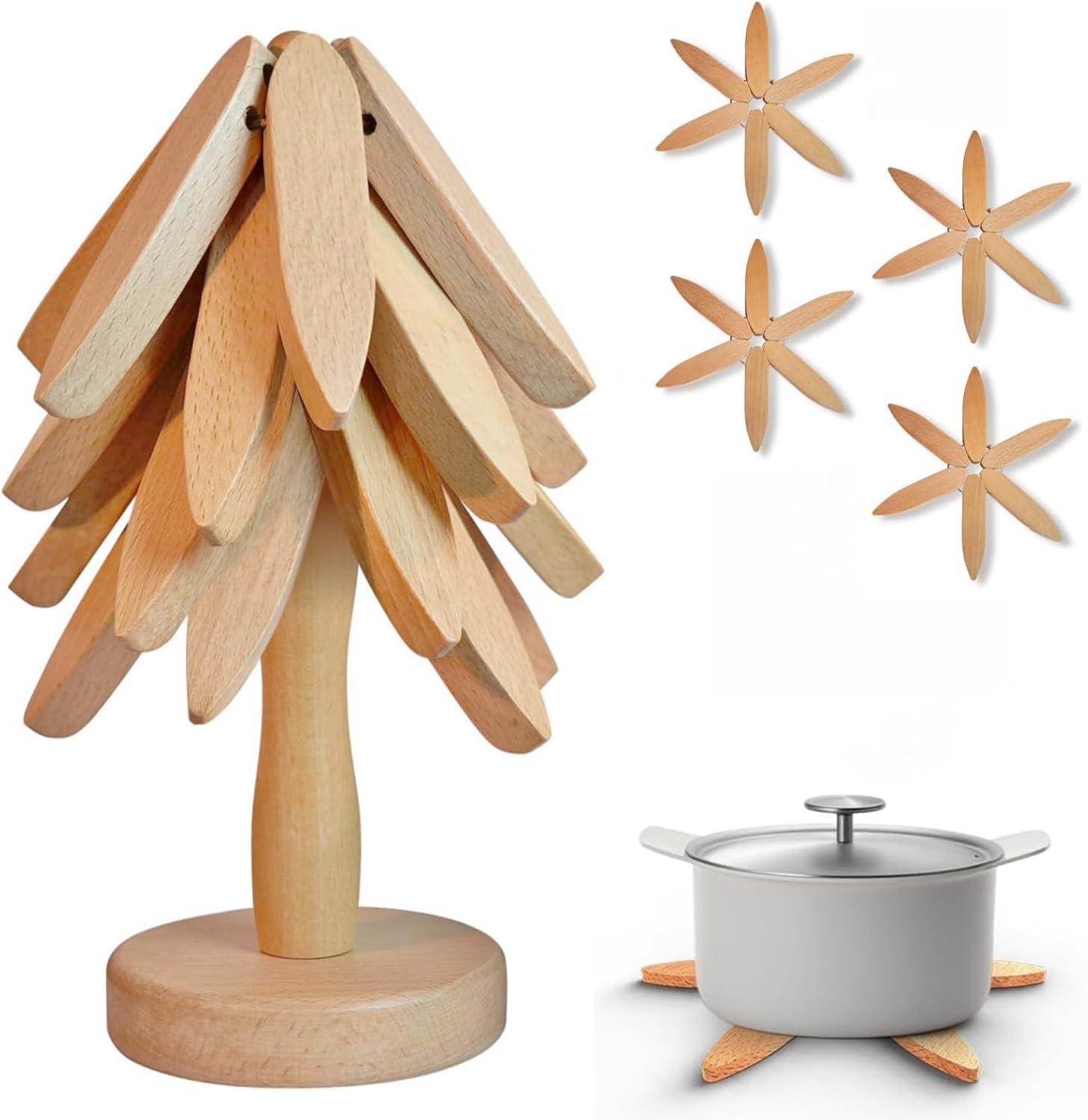 4 Pack Wooden Tree-Shaped Coasters, Interlocking Heat Resistant Drink Mats for Tables, Kitchen Benchtops and Home Decor, Natural