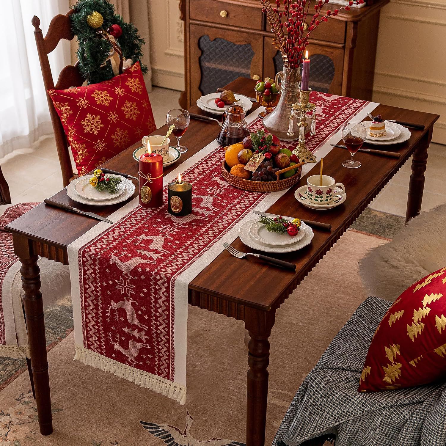 Table Runners 107 Inches,Elk Table Runner with Tassel Fringe,Christmas Table Runner for Party，Coffee Table, Festival — image 2