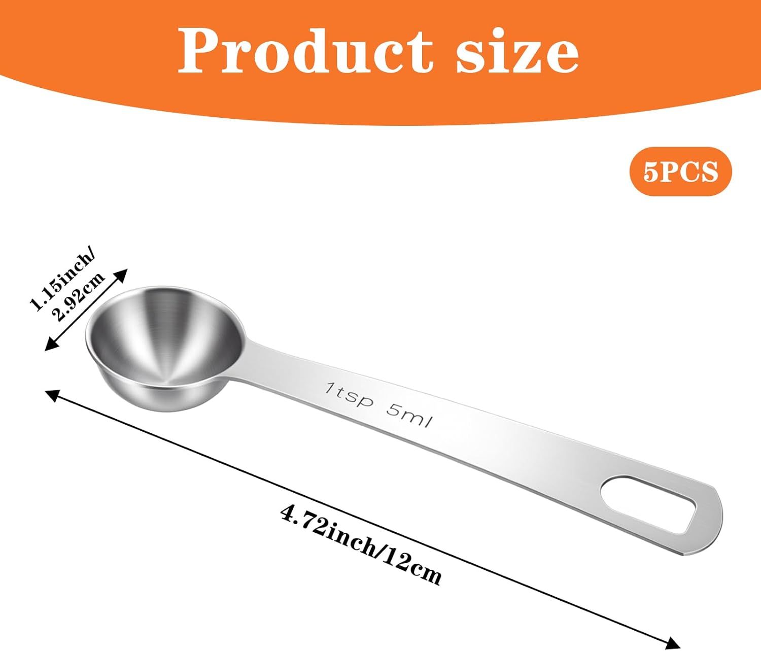 5PCS Teaspoon Measuring Spoon, 4.72 inch Stainless Steel 1 Tsp Measuring Spoon Set for Kitchen Ingredients (Silver, 5ml) — image 3