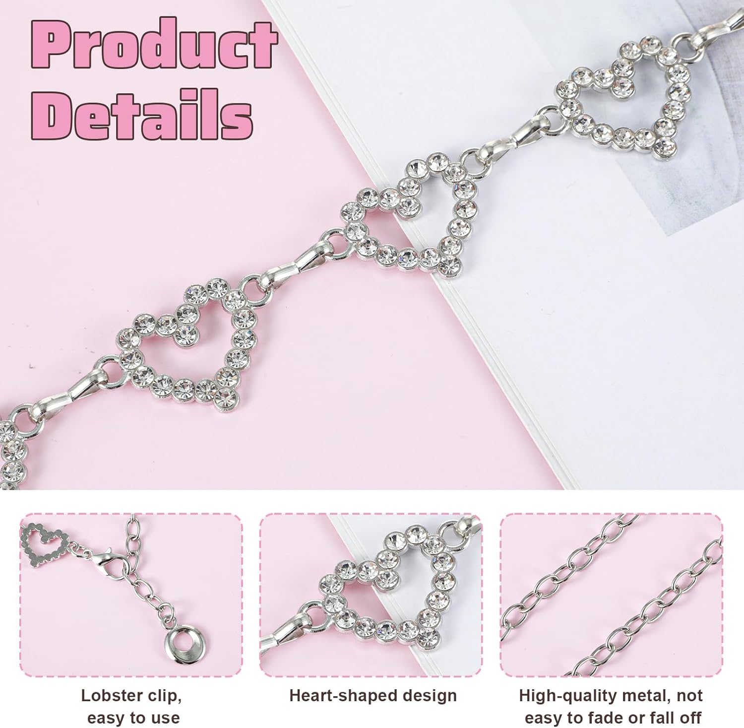 Xindojuz Heart Chain Belts for Women, 48" Fashion Waist Chain Rhinestone Flower Girls Belt, Adjustable Metal Body Belly for Dresses Jeans Bikini Jewelry Heart — image 2