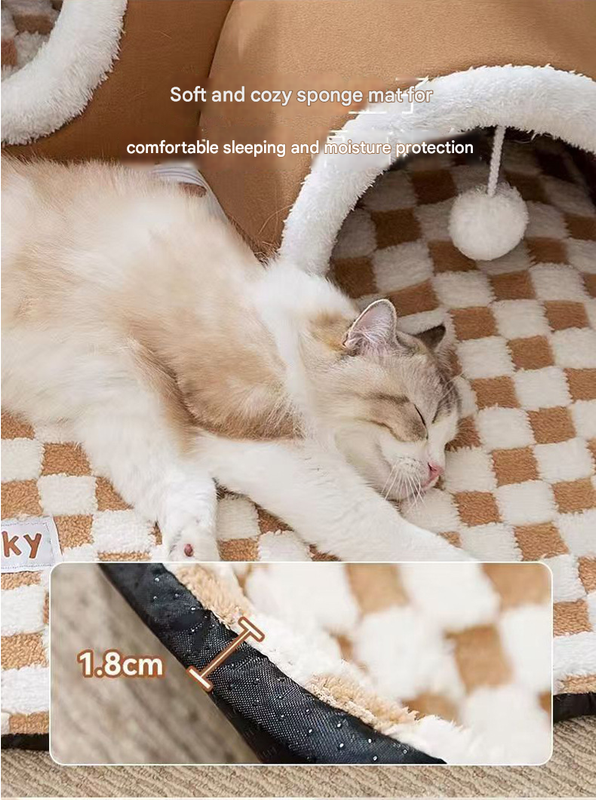 Brown S size Cat Tunnel Bed House 4-Season Universal Removable Washable U-Shaped Cat Cave with Multi-Entrance, Plush Hideaway Pet Nest with Detachable Mat for โ image 6