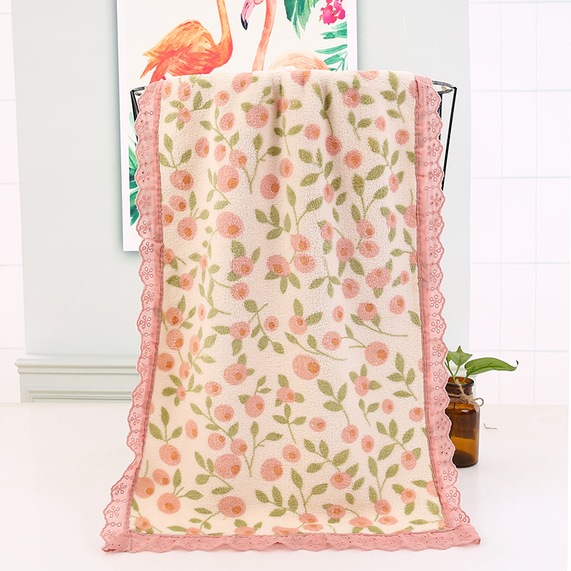 Pink Vintage Floral Lace Trim Towel Set - Ultra Soft Absorbent Coral Fleece Bath & Face Towel — image 2