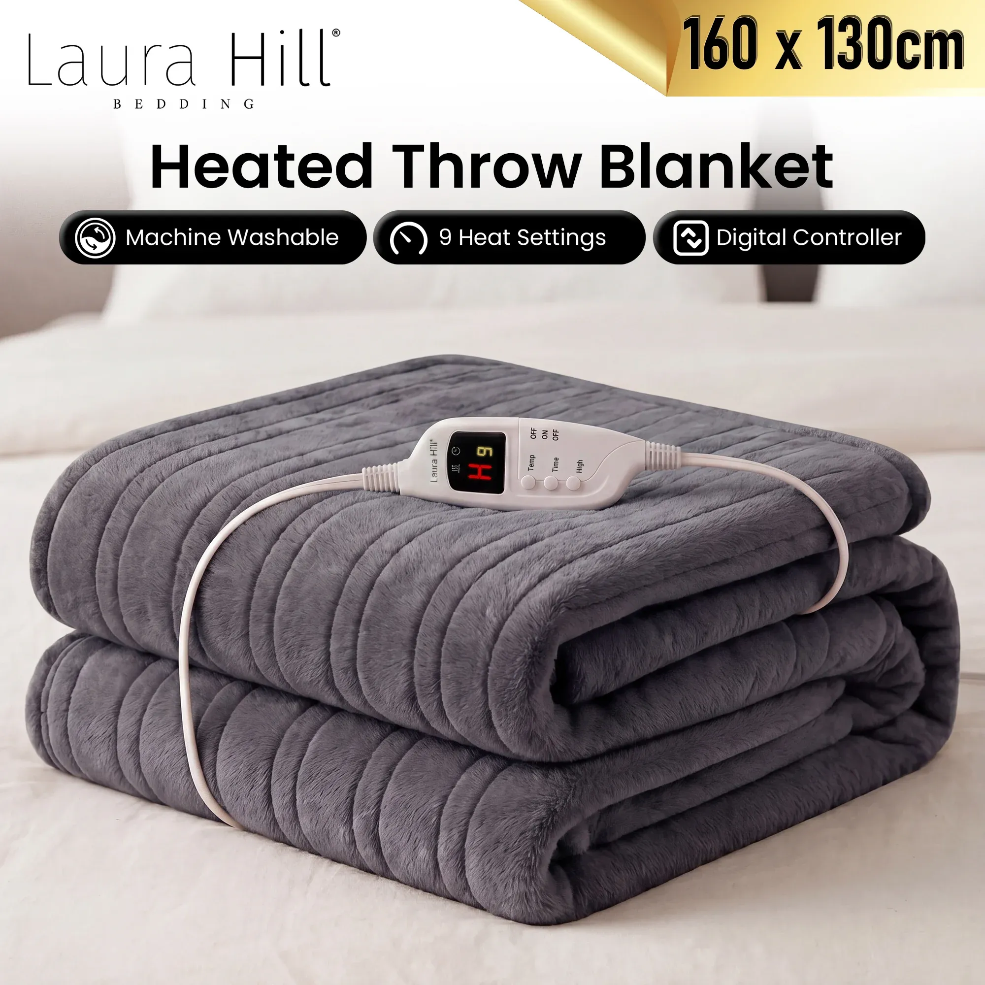 Laura Hill Electric Heated Blanket Throw Soft Coral Fleece w/ 9 Heat Settings - Grey โ image 2