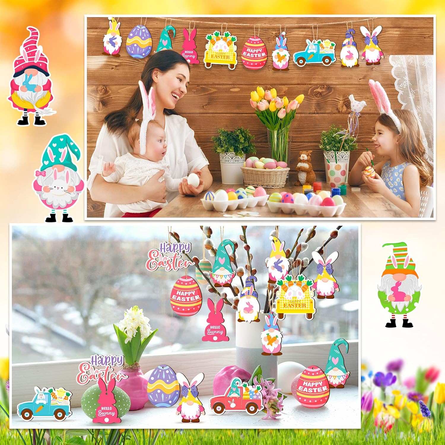Glenmal 36 Pcs Happy Easter Ornaments for Tree Easter Wooden Hanging Ornaments Egg Bunny Tree Decorations Spring Gnome Chick Wood Slices Pendant with Rope for — image 6
